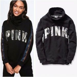 PINK Victoria's Secret Bling Logo Cowl Neck Rainbow Sleeve Sweatshirt Black XS